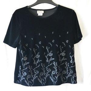 Kathie Lee Collection Velvet Top w/ Glitter Flower